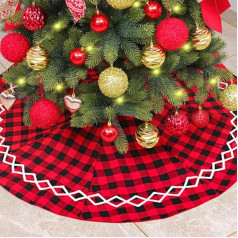 Hengory Buffalo Plaid Christmas Tree Skirt 48 Inch Double Layered Red and Black Buffalo Check Tree Skirt with White Pattern for Holiday Christmas Decorations