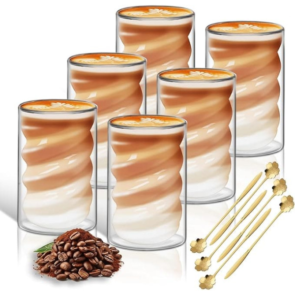 Double-Walled Latte Macchiato Glasses Set (6 x 400 ml + 6 Spoons) Cappuccino Coffee Glasses Thermal Glasses Cups Glass Iced Coffee Made of Borosilicate Glass