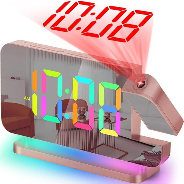 SZELAM Projection Alarm Clock - 7.4 Inch LED Mirror Digital Clocks Projection on Ceiling Wall with RGB Night Light Car Dimming USB C Charging Station - Modern Desk Clock for Bedroom - Rose Gold