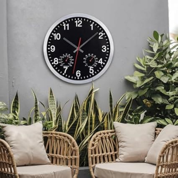 Outdoor Waterproof Wall Clock with Thermometer and Hygrometer Display Wall Clock Without Ticking Noise Silent 30 cm Quartz Battery Operated Large Decorative Garden Wall Clock (Black)