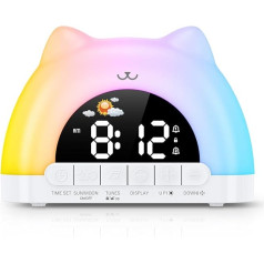 OQIMAX Children's Alarm Clock, Light Alarm Clock, Digital Alarm Clock Children for Girls and Boys, Sleep Trainer Children with 11 Night Lights & 10 Relaxation Music, Snooze, 2 Alarms, Brightness and