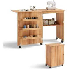 FANTASK Wooden Sewing Cabinet & Desk Foldable, Natural Sewing Table with 3 Shelves for Bobbins, Sewing Table for Living Room and Bedroom with Lockable Wheels