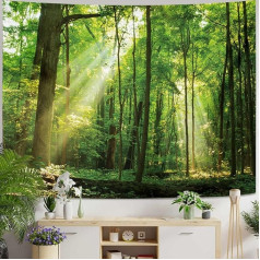 Skcess Tapestry Forest 200 x 200 cm Wall Hanging, Green Tapestry, Nature Wall Cloth, Tree, Sunrise Tapestry, Jungle Landscape Wall Cloths, Wall Tapestry