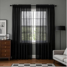 Leinen-Voile-Vorhang, 2 Paneele, schwarz, Netzvorhänge für Fenster, 84 Tropfen, Bauernhaus-Leinen-Struktur, halbtransparente Vorhänge, Lichtfilterung, Schlitz-Fenstervorhänge für Wohnzimmer,