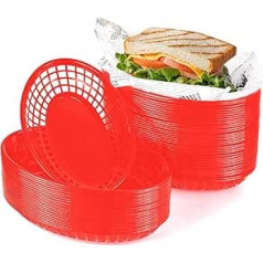 Pack of 60 Serving Baskets, Chips Baskets, Reusable Oval Plastic Fruit Baskets, Food Baskets for Burgers, Sandwiches, Chips, Barbecues, Parties (Red, 60 Pieces)