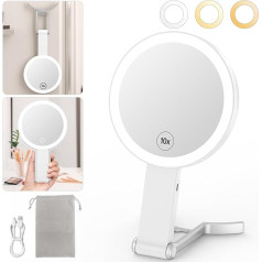 10x / 1x Magnifying Mirror with Light, Portable Makeup Mirror with Lighting, Travel Cosmetic Mirror with Lighting, Foldable Hand Mirror, Table Mirror, Hanging Mirror, 3 Colour Lights, White