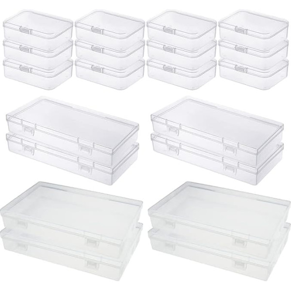 LJY 20 Pieces Mixed Size Rectangle Empty Mini Clear Plastic Storage Boxes Hinged Lid Container for Small Items and Other Craft Projects