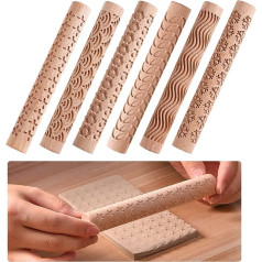 YWNYT 6pcs Wooden Clay Roller Modeling Pattern Roller Set Pottery Pattern Roller Clay Rolling Pin Textured Wooden Handle Ceramic Carved Tools