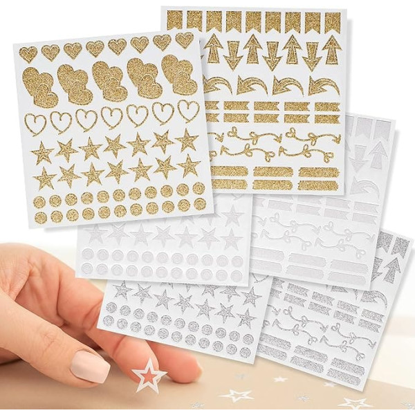 WEDDLYN® Stickers in Gold, Silver, White Glitter, Modern Shapes & Colours, Stickers, Creatively Combined, Sticker Set for Bullet Journal, Scrapbook, Photo Album, Guest Book, Wedding, Adults