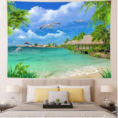 Tapestry Beach Sea Wall Tapestry Nature Green Blue Landscape Tropical Wall Curtain Decorative Polyester 240 x 220 cm Washable