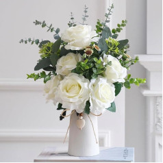 Künstliche Rosen-Blumenarrangements in Keramikvase, 40,6 cm, künstliche Dahlie mit Eukalyptusstielen und dekorativen Blättern, Vase mit Juteseil und Herzanhänger, Tischdekoration für