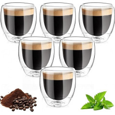 GEGNNS 6 Pack Coffee Cups Glass 250ml Double Glass Borosilicate Glass Double Wall Coffee Glasses for Milk Coffee Oat Yogurt