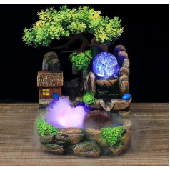Indoor Fountain with Plants, Table Fountain Waterfall with Lighting, Colour Changer, Garden Aquarium Resin Desktop Fountain with Mist Rock Garden Decoration, for Indoor Outdoor Use