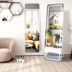 Depuley Standing Mirror with Lighting, Wall Mirror 160 x 50 cm, HD Standing Mirror Full Body Mirror with 3 Light Colours, Dimmable, Touch Switch, Modern Standing Mirror for Living Room, Bedroom,