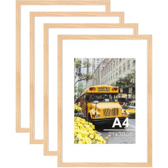 4 x Picture Frames Natural Wood, DIN A4 (21 x 30 cm) with Shatterproof Acrylic Glass, Wooden Picture Frame Vertical or Horizontal Hanging, Picture Holder Puzzle Wooden Frame