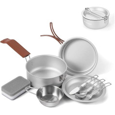 Odoland 10pcs Camping Geschirr Set, Hochwertiges leichtes Kochset mit Teller Schüssel Gabeln Messer Löffel - Perfekt für Backpacking, Camping, Wandern und Picknick