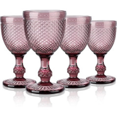 Joeyan 270 ml Purple Vintage Wine Glasses with Diamond Relief, Colourful Goblet Glasses Wine Goblet Set for Wine Juice Drinks, Set of 4 Drinking Glasses Retro with Base, Dishwasher Safe