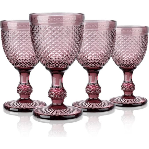Joeyan 270 ml Purple Vintage Wine Glasses with Diamond Relief, Colourful Goblet Glasses Wine Goblet Set for Wine Juice Drinks, Set of 4 Drinking Glasses Retro with Base, Dishwasher Safe