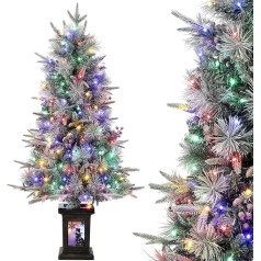 Artificial Christmas Tree with Lighting, 125 cm 4 ft Artificial Christmas Tree Snow with 150 Warm White & Multicoloured LED Lights, 9 Modes, PVC Branch Tips, Retro Snowman Light Base for Home, Office