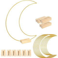 Pack of 10 30 cm Moon Metal Flower Hoops with 10 Hexagon Wooden Stands, Metal Wreath Ring, Gold Metal Decorative Rings with Wooden Stand, for DIY Wedding Table Wreath Decoration and Macrame