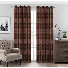 always4u 100% Opaque Checked Curtains with Eyelets, Set of 2, W 140 x H 245 cm, Heat-Insulating Blackout Curtains for Bedroom, Living Room and Children's Room, Dark Red Vintage
