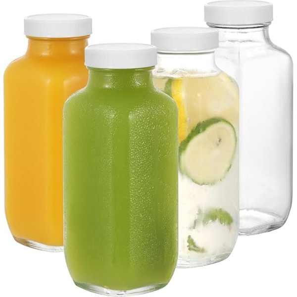 Glass Bottles with Lids, 4 Pieces Glass Juice Bottles 500ml, Reusable Wide Mouth Glass Bottles with Lid, Clear Glass Juice Bottles for Milk, Hot Cold Drinks, Homemade Drinks