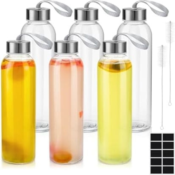 6 Pack Glass Bottles with Lids Empty Glass Water Bottles Airtight Leakproof Stainless Steel Lids Smoothies Juice Bottles with Cleaning Brush for Work, Gym, Home