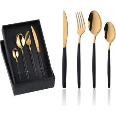 YDware Cutlery Gold Black, 16 Pieces Black Gold Cutlery Set for Home Kitchen Restaurant Forks Spoons Teaspoon Steak Knife Cutlery Set