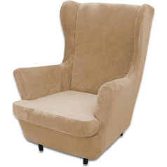 Wingback Chair Cover, Velvet 2-Piece Cover, Armchair Throws, Elastic Wing Chair Protective Covers, Stretch Tiger Chair Cover with Armrest, High Backrest, Cream