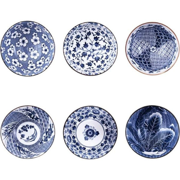 Ceramic Patterned Cereal Bowls, 6 Individual Japanese Designs, Blue and White Bowls, Ceramic Bowls for Cereal/Soup, China Soup Bowls, Set of 6
