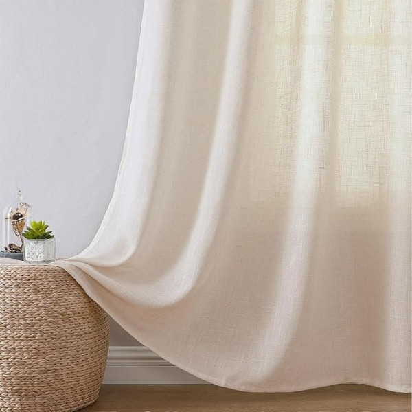 Joydeco Linen curtains with eyelets, beige curtains linen (contains real linen), H 240 x W 140 cm (pack of 2), curtains for living room, bedroom, translucent curtains, antibacterial linen curtains