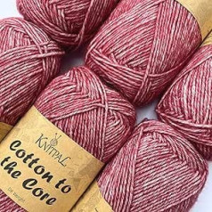 KnitPal Cotton to Core, Soft Heather Cotton Blend with Halo for Knitting or Crocheting (Free Patterns) 6 Skeins 300g DK Gauge #3 (Cerise)