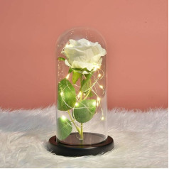 Eternal Rose Under Bell, Eternal Rose, LED Light, Enchanted Rose, Glass Dome, Beauty and the Beast, Silk Rose for Mother's Day, Valentine's Day, Birthday, Wedding, Symbol of Love (White Flower)