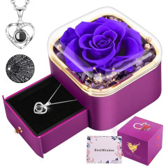 Eternal Rose with Chain in Jewellery Gift Box, Romantic Gifts for Women Christmas, Girlfriend, Wife, Mum, Grandma for Christmas, Valentine's Day or Birthday (Purple)