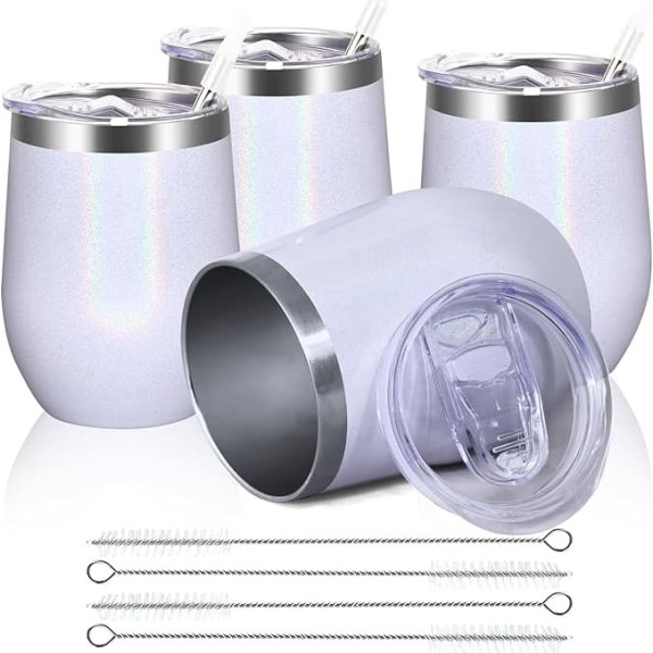 Set of 4 Stainless Steel Wine Cups, Stemless Wine Cups with Lid, Double-Walled Unbreakable Travel Cups for Milk, Coffee, Wine, Beer, Champagne, Cocktails, White Rainbow