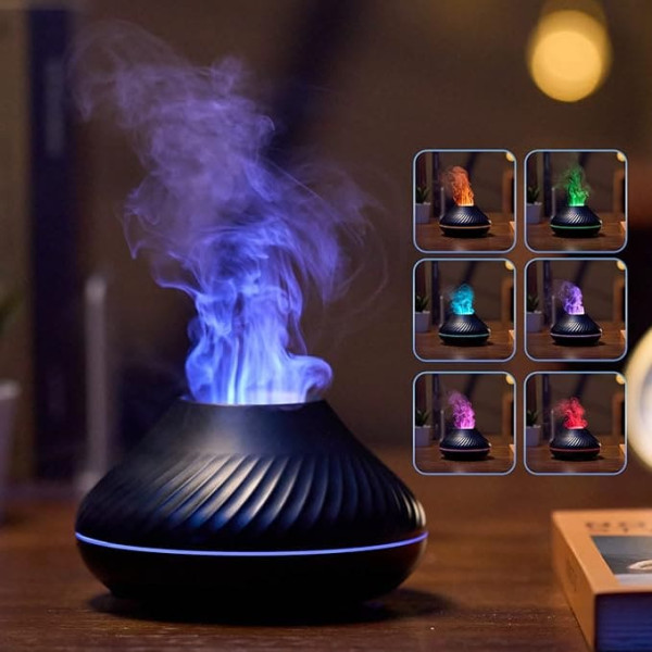 Aroma Diffuser with Flame Effect, 130 ml, 7 Colours Simulation Flame Lamps Aroma Diffuser, Colour Can Be Fixed, Can Add Essential Aroma Oil (Black)