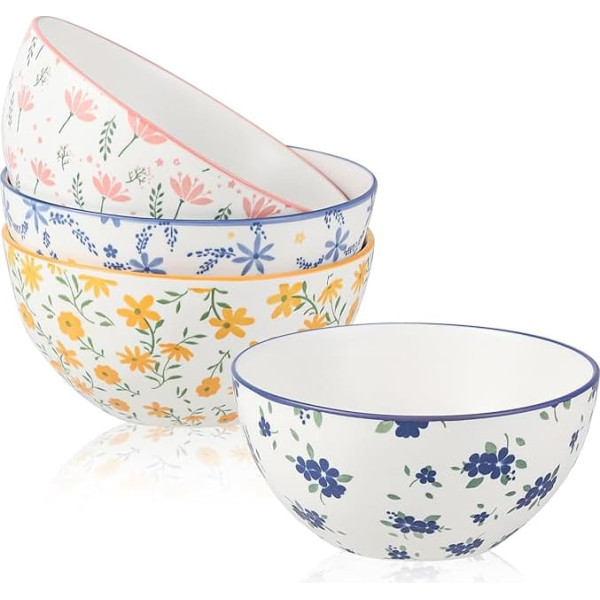 Cereal Bowls Set Ceramic Soup Bowls Porcelain – Bowls Colourful with Flower Pattern – Cereal Bowl Large – Soup Bowl Deep – Set of 4 Bowls for Breakfast | Cereal | Salad | Soup | Cornflakes - 700 ml