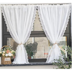 Linen Look Net Curtain with Delicate Lace Wave Edge Curtain in Kitchen, Living Room, Balcony, Country House Style, Rod Pocket, 1 Piece, White, W x H 200 x 260 cm