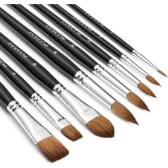 Fuumuui 8 Brush Set - Various Shapes with Flat, Round, Pointed Cat Tongue, Oval Wash, Perfect for Painting with Watercolour Acrylic Gouache Inks