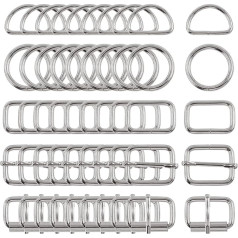 Swpeet 50Pcs 5 Style Metal Buckles, Metal Roller Buckles, Metal Adjustable Slide Buckles, D Ring, Circular Ring, Square Ring