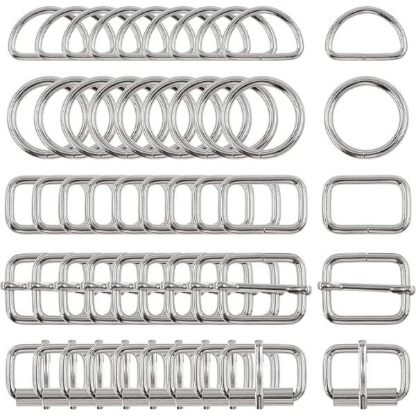 Swpeet 50Pcs 5 Style Metal Buckles, Metal Roller Buckles, Metal Adjustable Slide Buckles, D Ring, Circular Ring, Square Ring