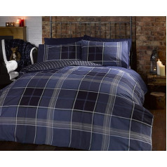 Argyle Single Quilt Duvet Cover and Pillowcase Reversible Bedding Bed Set, Tartan Check - Blue