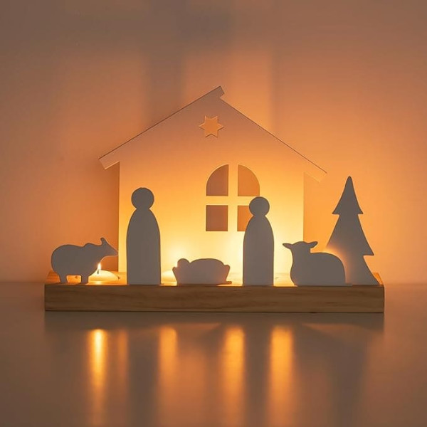 Romadedi Nativity Scene Christmas Candle Holder Set: Nativity Scene Indoor Decorations Small with Wooden Base White Nativity Set for Table Fireplace Mantle Ideal for Christmas Decoration