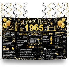 60th Birthday Background, 1965 Theme Birthday Black Gold Decorations Happy Birthday Banner Vintage Party Supplies with Hanging Swirls Large Celebration Party Decor Easy Hanging for Photos