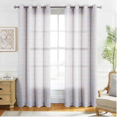 always4u Checked Curtains, Light Filtering Curtains with Eyelets, Modern Curtain for Living Room and Bedroom, Beige, L 140 x H 260 cm, Set of 2