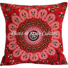 Ethnic Cushion Covers Red Printed Peacock Eye Cushion Cover 40 x 40 cm Cotton Traditional 40 x 40 cm Mandala Square Cushion Covers (Pack of 1)