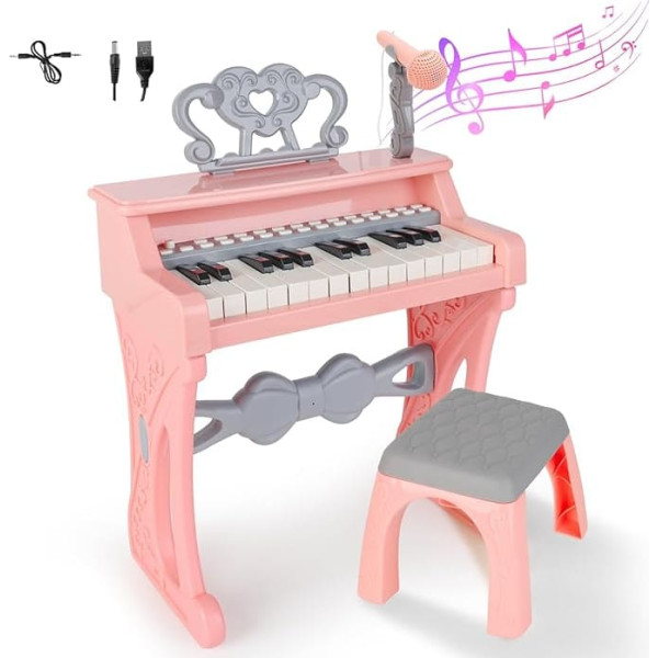 deAO Kids Piano for Girls Piano Toy Music Kids Electronic Piano Toy with Stool and Microphone 25 Keys 22 Songs Pink