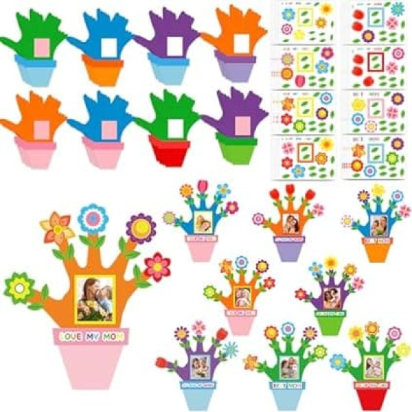 HABDJILTY 96 Pieces Mother's Day Crafts Hand Print Flower Pot Mother's Day Crafts for Kids Classroom Crafts Paper Handprint Keepsake Picture Frame with Flower Stickers for