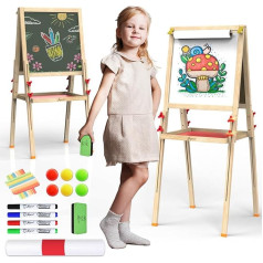 Joyooss Art Easel for Kids, Adjustable Standing Wooden Drawing Board for Toddlers, Double Sided Dry Erase with Painting Accessories, Gift and Art Supplies for Toddlers (106RED)