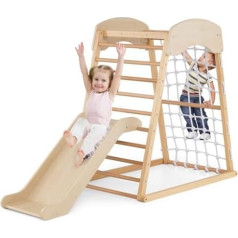 FANTASK Indoor Climbing Frame, 6-in-1 Pull Up Bar & Slide & Climbing Rocks & Climbing Net & Ladder & Tunnel, Indoor Playground for Children from 1 Year (Natural)